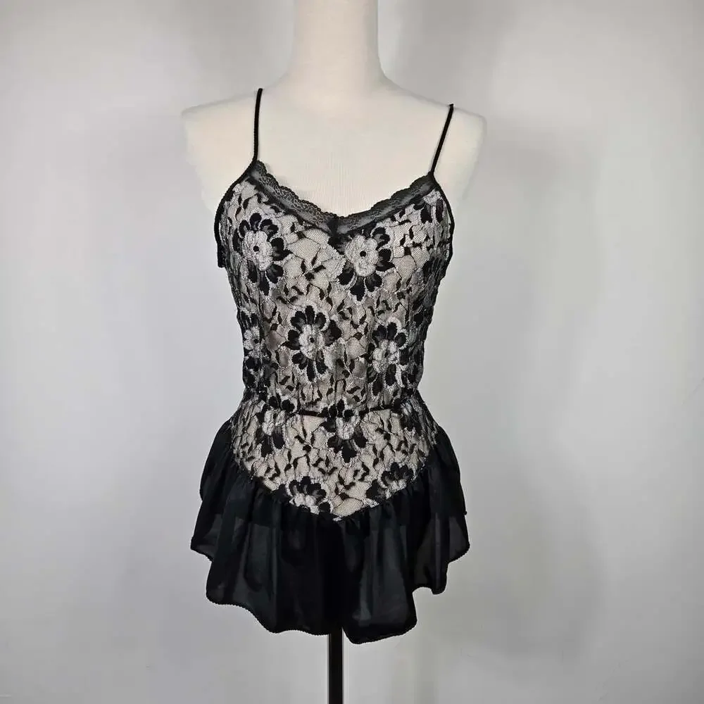 Vintage Undercover Wear Black Lace Teddy Romper Bodysuit Small Lingerie USA